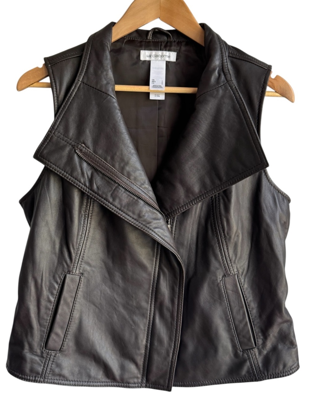 Liz Claiborne Lambskin Leather Vest Womens L Chocolate Brown Moto Classic Edgy